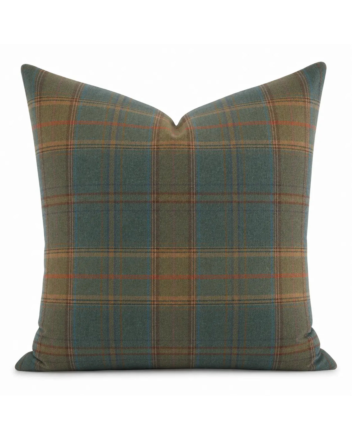 Square throw pillow in teal, brown, and orange plaid from Bungalow Furniture & Accessories.