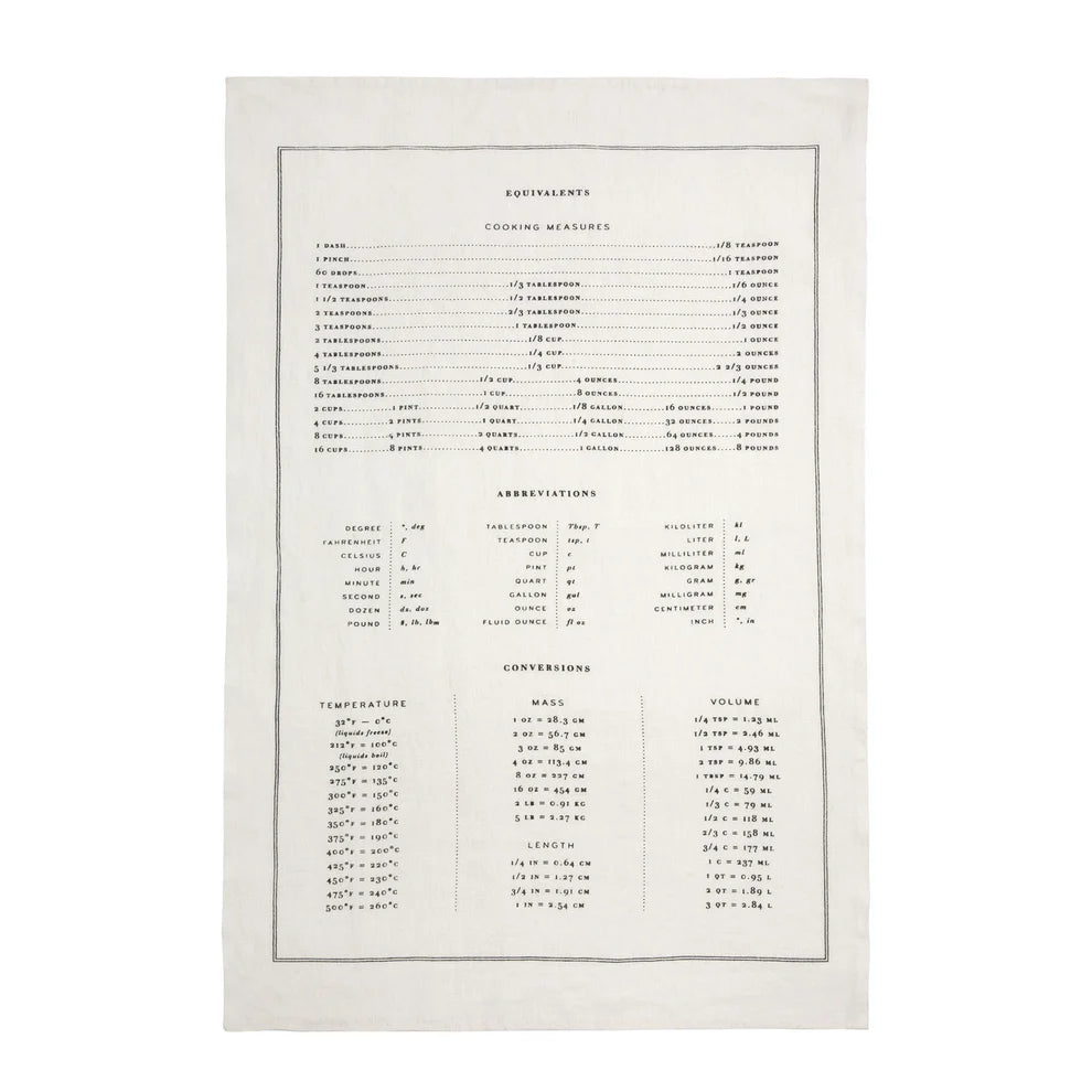 The Sir/Madam Tea Towels in black oyster white linen (18 x 28) display cooking measurement equivalents, abbreviations, and conversions for temperature, mass, length, and volume in black text bordered by a delicate frame.