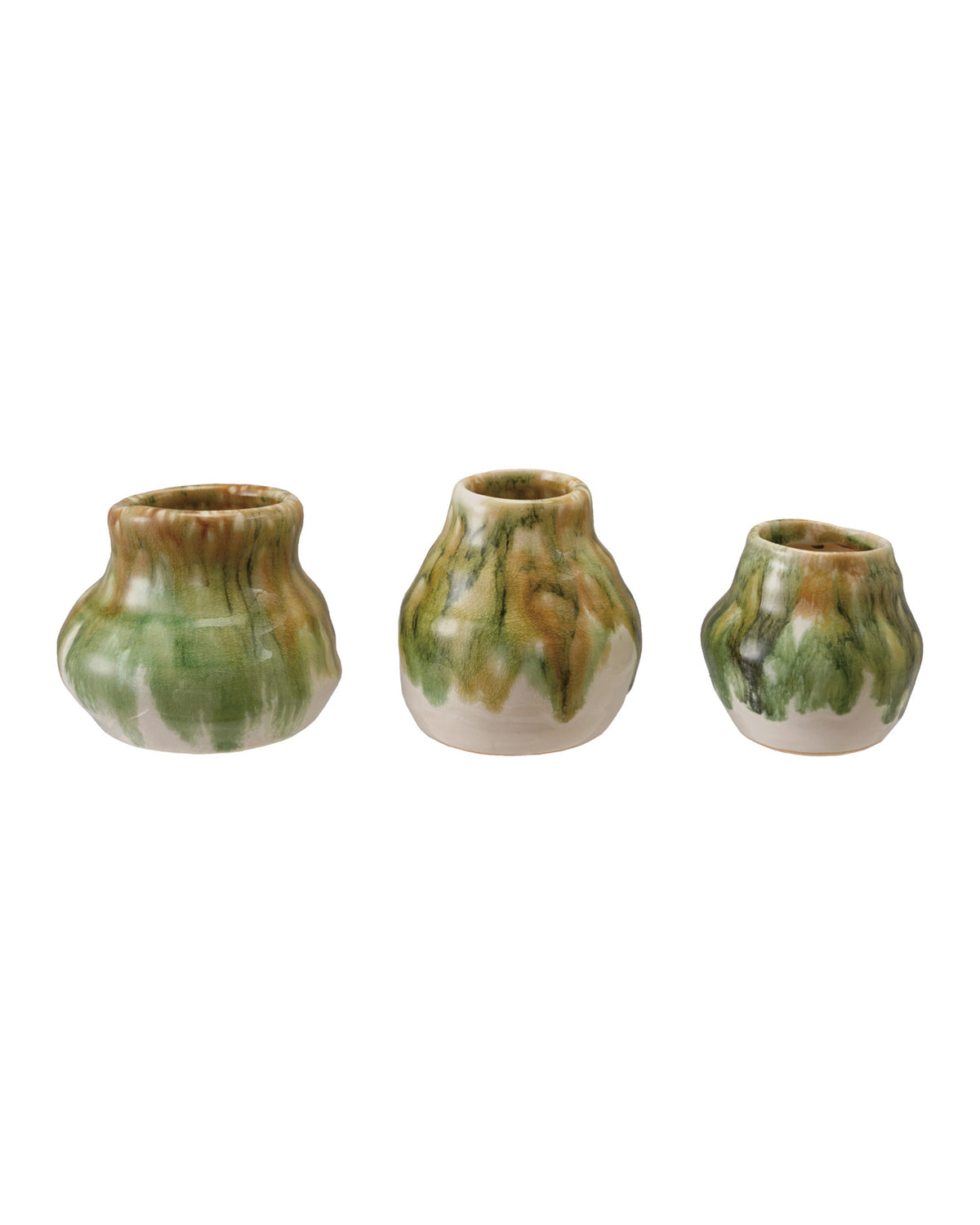 The Creative Co-op Crackle Glaze Vases are a set of three small, organically shaped vases with wide bodies and narrow necks, featuring green, brown, and cream marbled reactive crackle glaze, shown side by side on a white background.