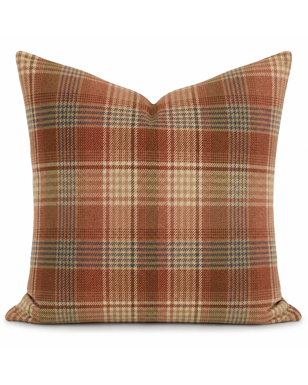 Square throw pillow in terracotta, tan, and blue plaid from Bungalow Furniture &amp; Accessories.