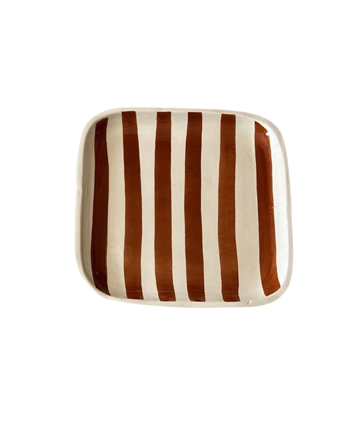 Moroccan ceramic plate with brown stripes on white by Faire, handcrafted in terracotta for Bungalow Furniture &amp; Accessories.