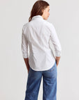 3/4 sleeve Essentials Icon Shirt by THE SHIRT in white, styled with blue jeans, model shown from the back.