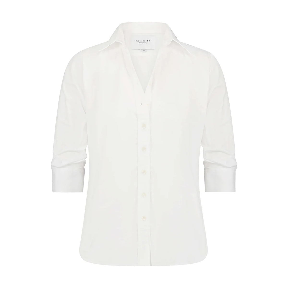 White fitted collared shirt with 3/4 sleeves and No Gape buttons, Bungalow Essentials Icon Shirt on white background.