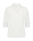 White fitted collared shirt with 3/4 sleeves and No Gape buttons, Bungalow Essentials Icon Shirt on white background.