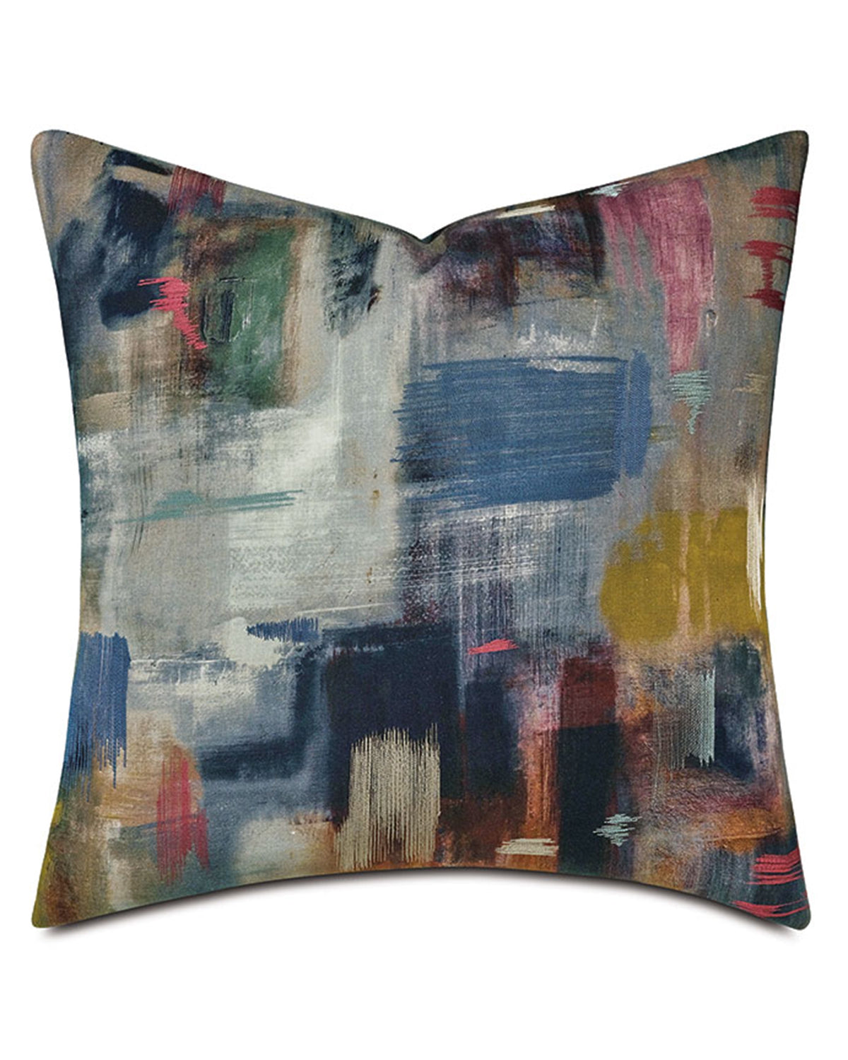 Add a vibrant touch to any room with the Eastern Accents Theda Abstract Pillow, featuring painterly brushstrokes in blue, yellow, pink, green, and beige on a square linen-blend cover.