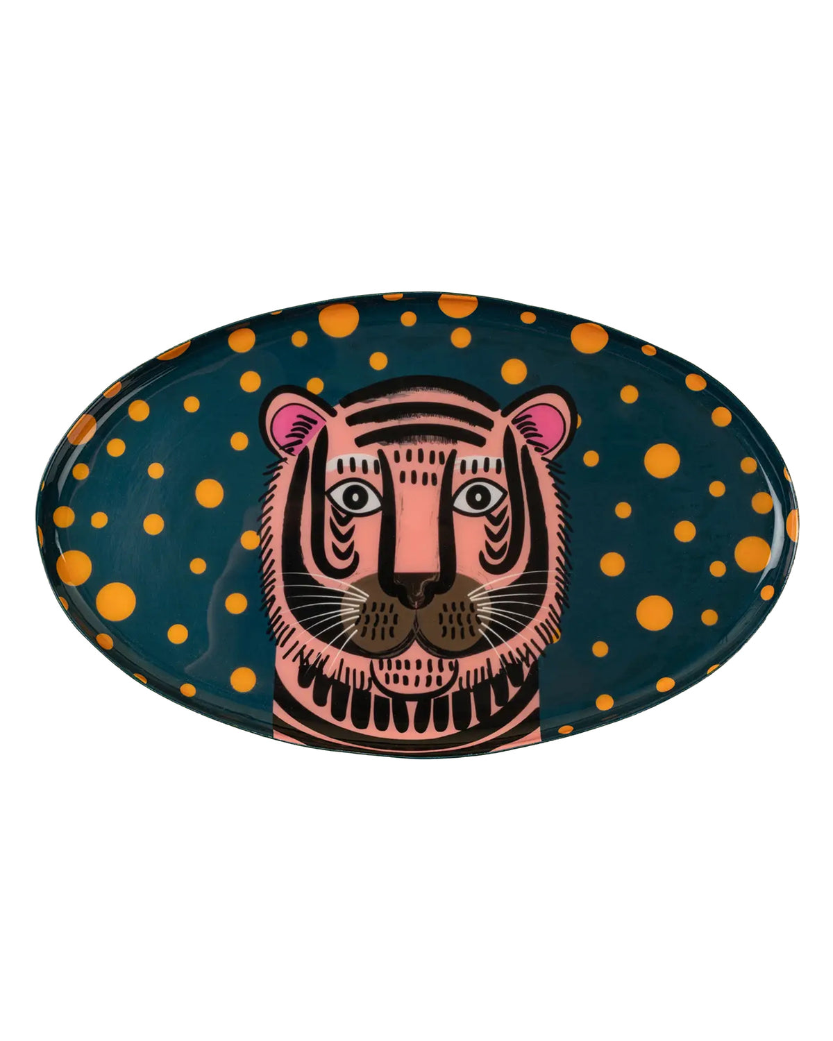 The Tiger Spot Tray by Indaba is an oval accent tray featuring a pink and black illustrated tiger face on a dark background with yellow-orange polka dots—an eye-catching decorative piece.