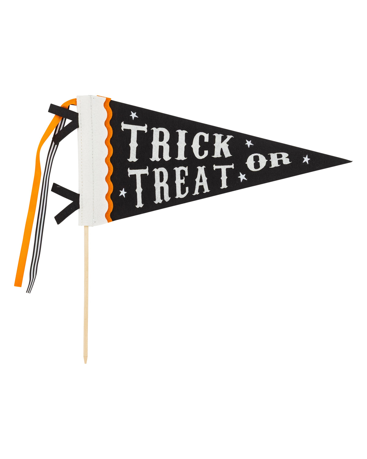 Trick or Treat felt pennant with vintage style and ribbons by Bungalow Furniture & Accessories, festive Halloween decor.