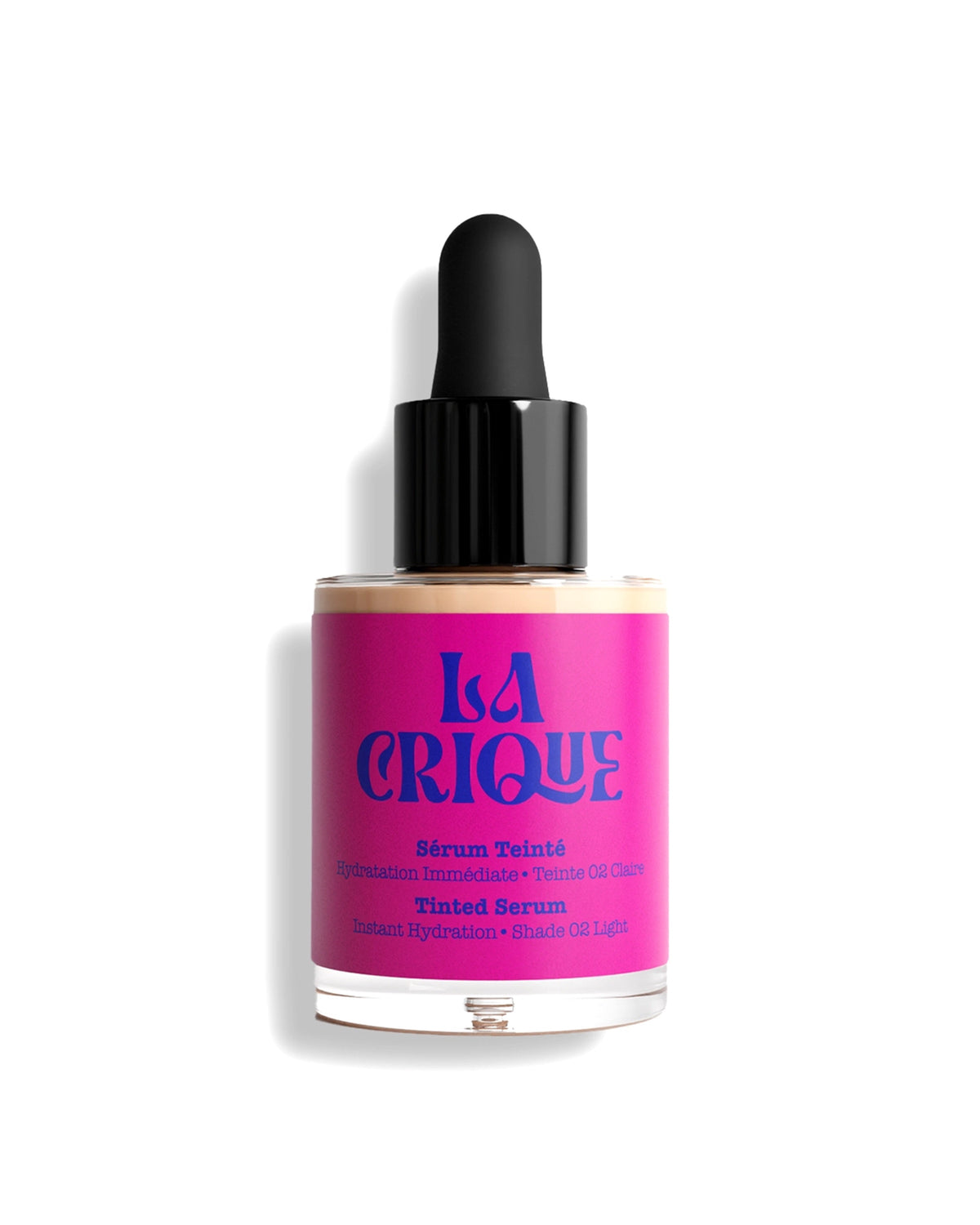 A small glass bottle of Faire Moisturizing Tinted Serum with a black dropper cap and a bright pink label with blue text on a white background. This hydrating vegan foundation also works as a skin tint for glowing skin.