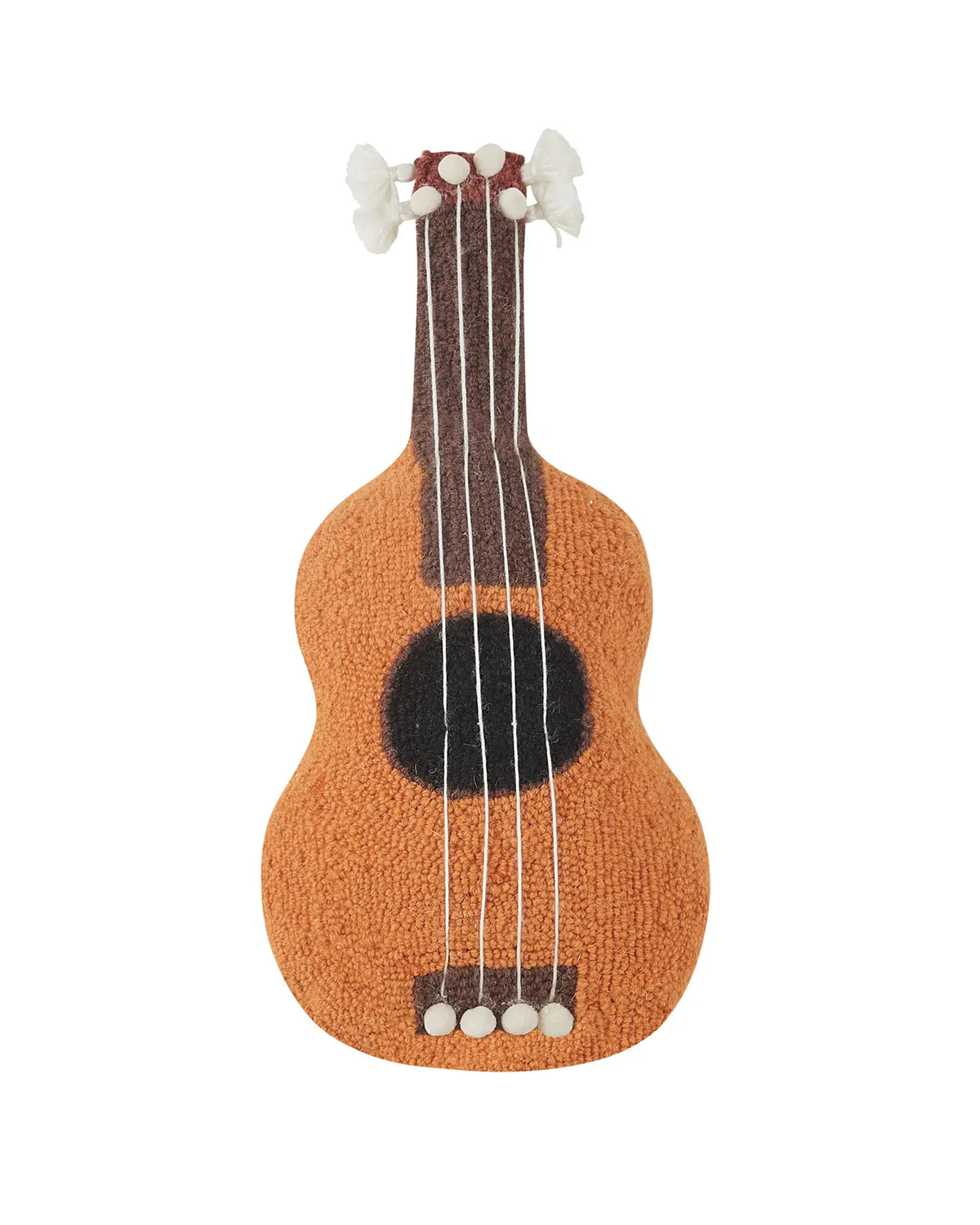 The Faire Ukelele Shaped Pillow is a plush accent featuring white tuning pegs, four white strings, and a black sound hole—perfect for adding Jungalow-inspired charm to any space.