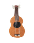 The Faire Ukelele Shaped Pillow is a plush accent featuring white tuning pegs, four white strings, and a black sound hole—perfect for adding Jungalow-inspired charm to any space.