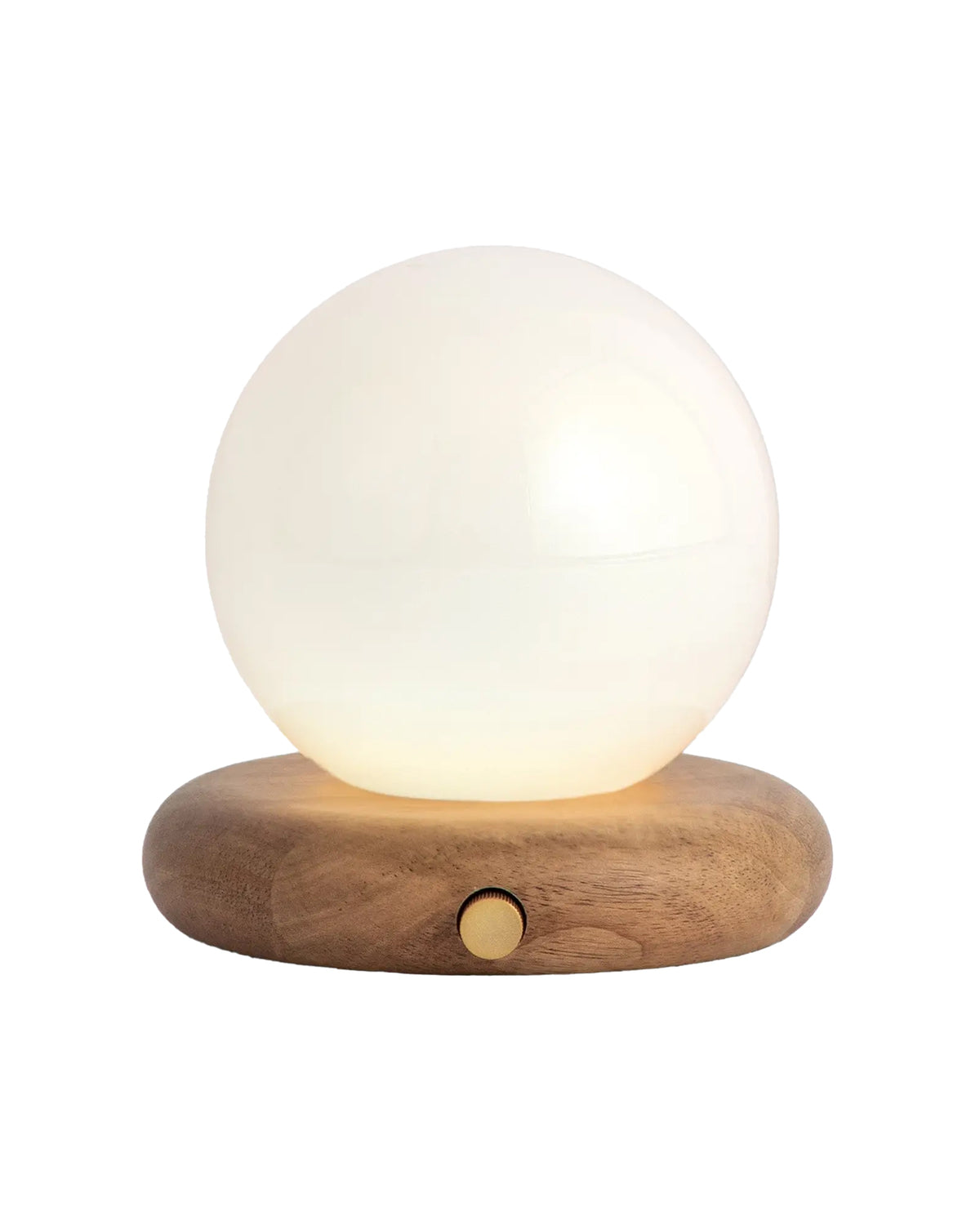 The Valencia Portable Light by Faire features a spherical frosted glass shade and rounded wooden base with a gold button, offering minimalist, modern style perfect for enhancing any contemporary space.