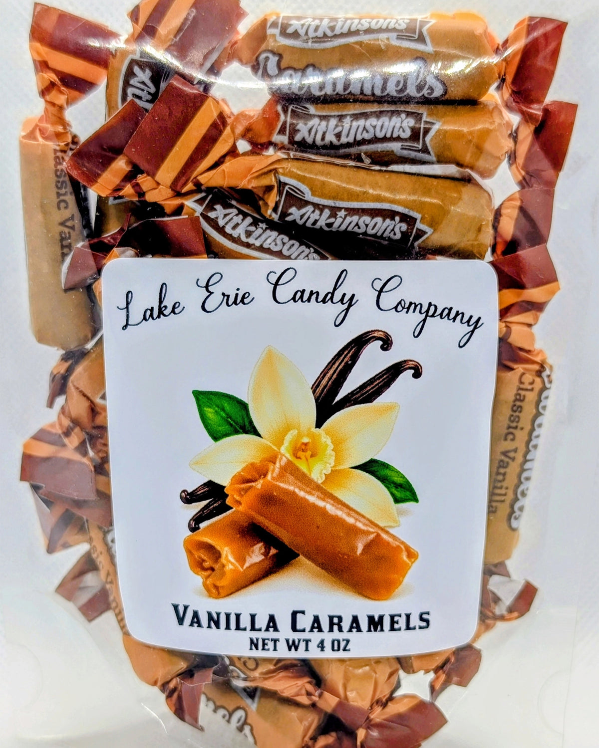 Faire Vanilla Caramels in a clear plastic bag with a vanilla flower label.
