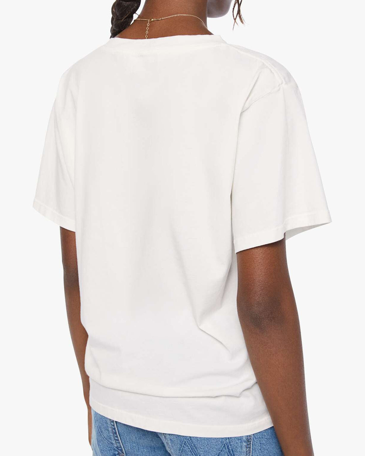 White Supima tee by Mother, The Varsity Rowdy style, shown from the back with blue jeans on a white background.