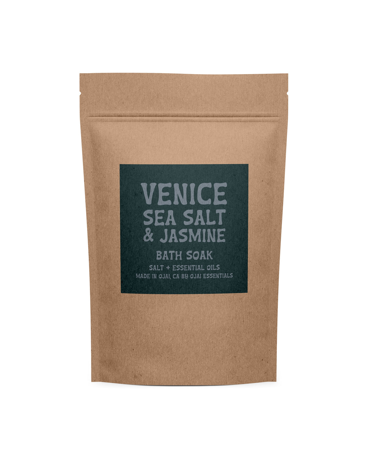 A brown resealable pouch labeled "Venice Sea Salt/Jasmine Bath Salts" by Faire combines bath soaks and essential oils, offering a perfect self-care ritual.
