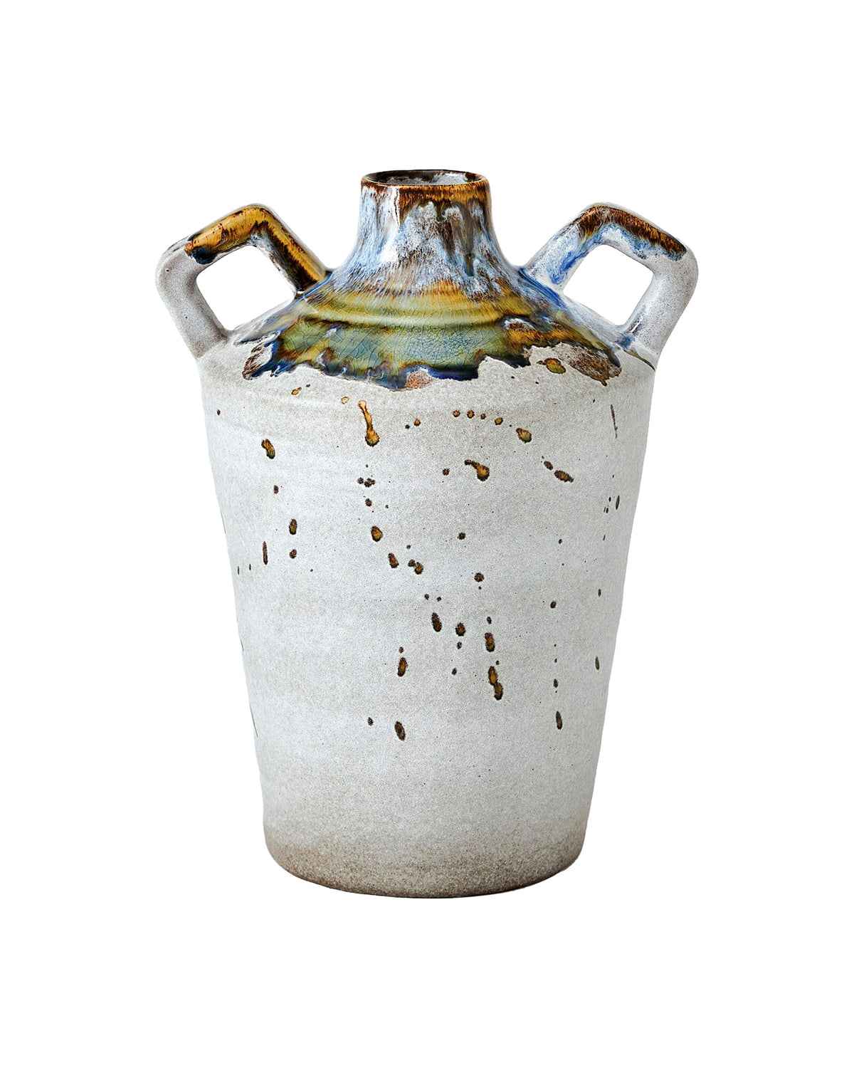 The Volcan Jar S by Global Views is a Portuguese ceramic vase with two angled handles, artisanal craftsmanship, and a textured light beige surface. Brown speckles and blue-green-brown reactive glaze accent the neck. Displayed on a white background.
