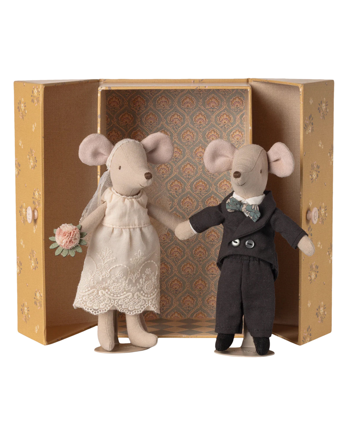 Bride and groom Maileg mice in wedding attire beside a patterned gift box, Bungalow Furniture & Accessories.
