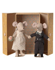 Bride and groom Maileg mice in wedding attire beside a patterned gift box, Bungalow Furniture & Accessories.