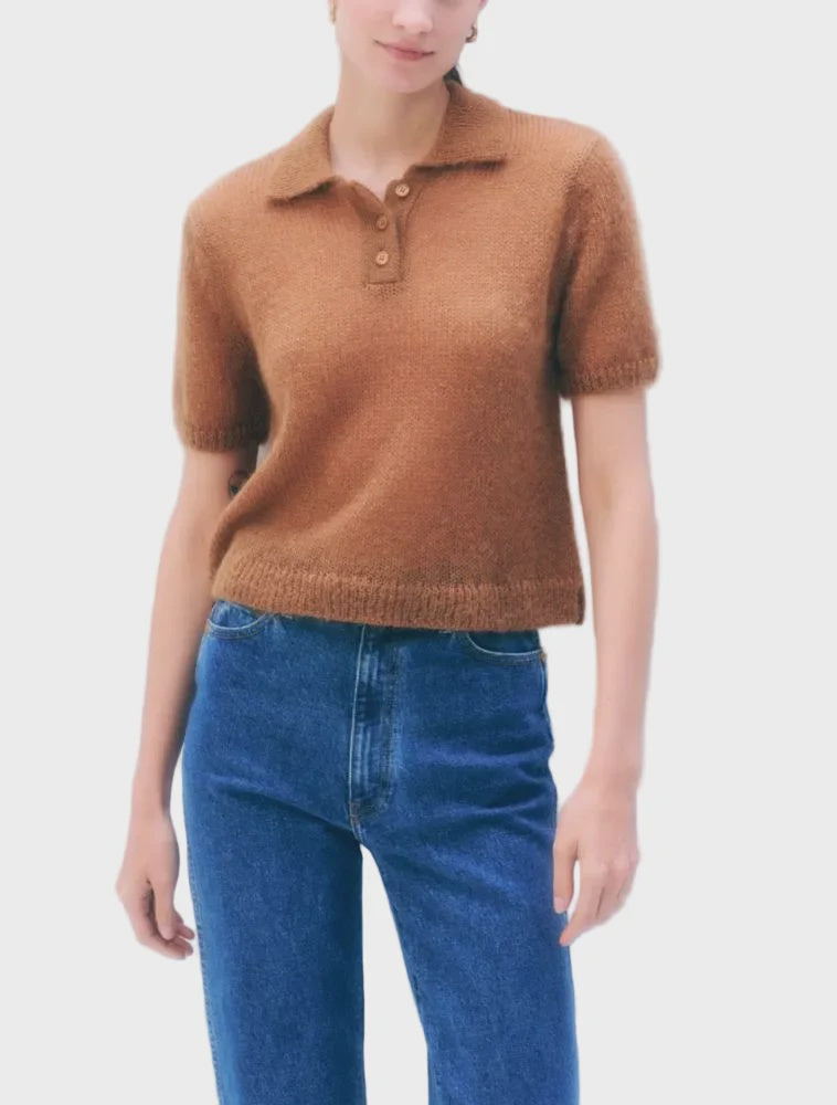 Camel Mohair Blend Polo sweater by White + Warren styled with blue jeans, neutral background, relaxed modern look.