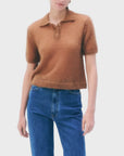 Camel Mohair Blend Polo sweater by White + Warren styled with blue jeans, neutral background, relaxed modern look.