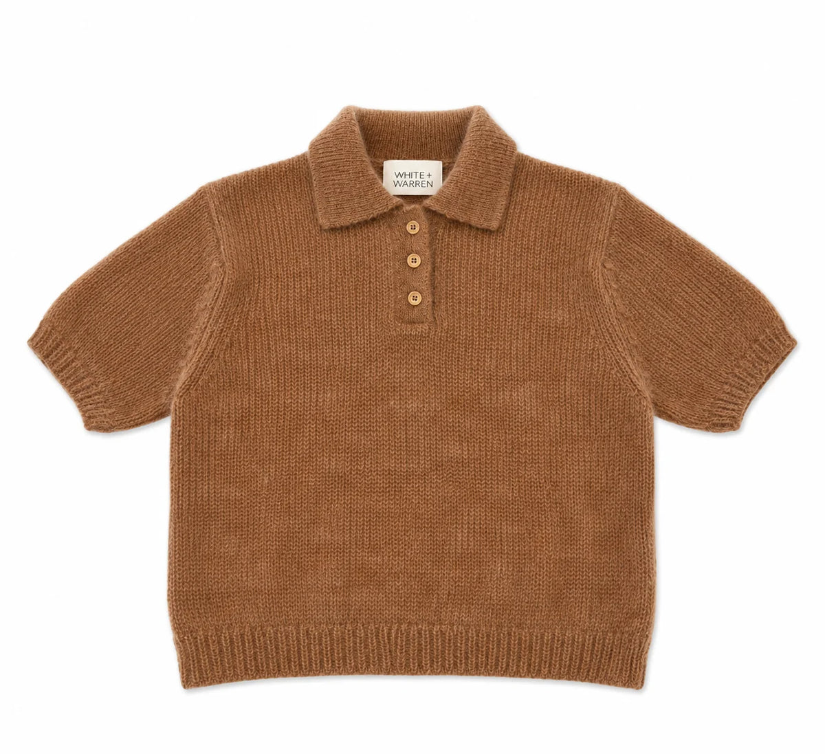 Camel brown mohair blend polo with short sleeves and three buttons, White + Warren.