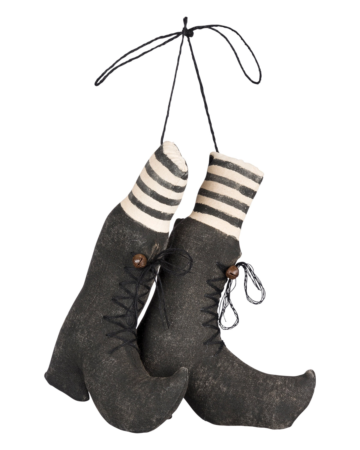Hand-stitched witches’ boots with curled toes, striped socks, laces, and buttons by Bungalow for Halloween décor.