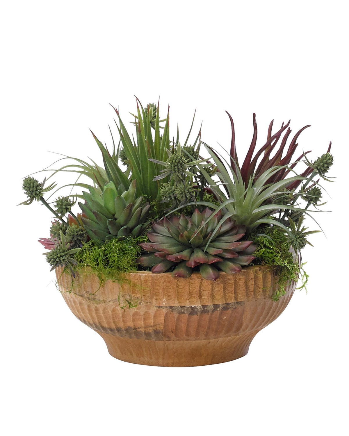 The Natural Decorations Inc. Succulent Wood Bowl features an attractive, maintenance-free arrangement of green and purple succulents with moss for a stylish decor accent.
