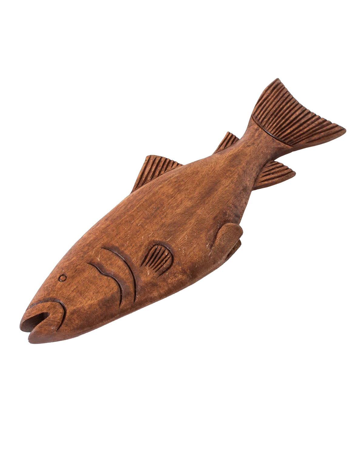 The Faire Rustic Carved Wood Fish Figure features detailed fins, scales, mouth, and eye—perfect for coastal home decor and shown on a white background.