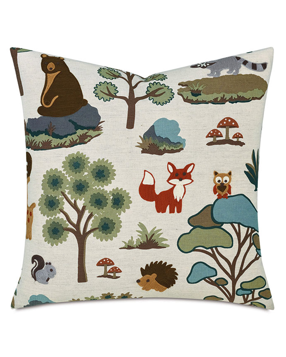 Thoreau Forest 24x24 square pillow featuring a colorful woodland animal pattern by Bungalow Furniture &amp; Accessories.