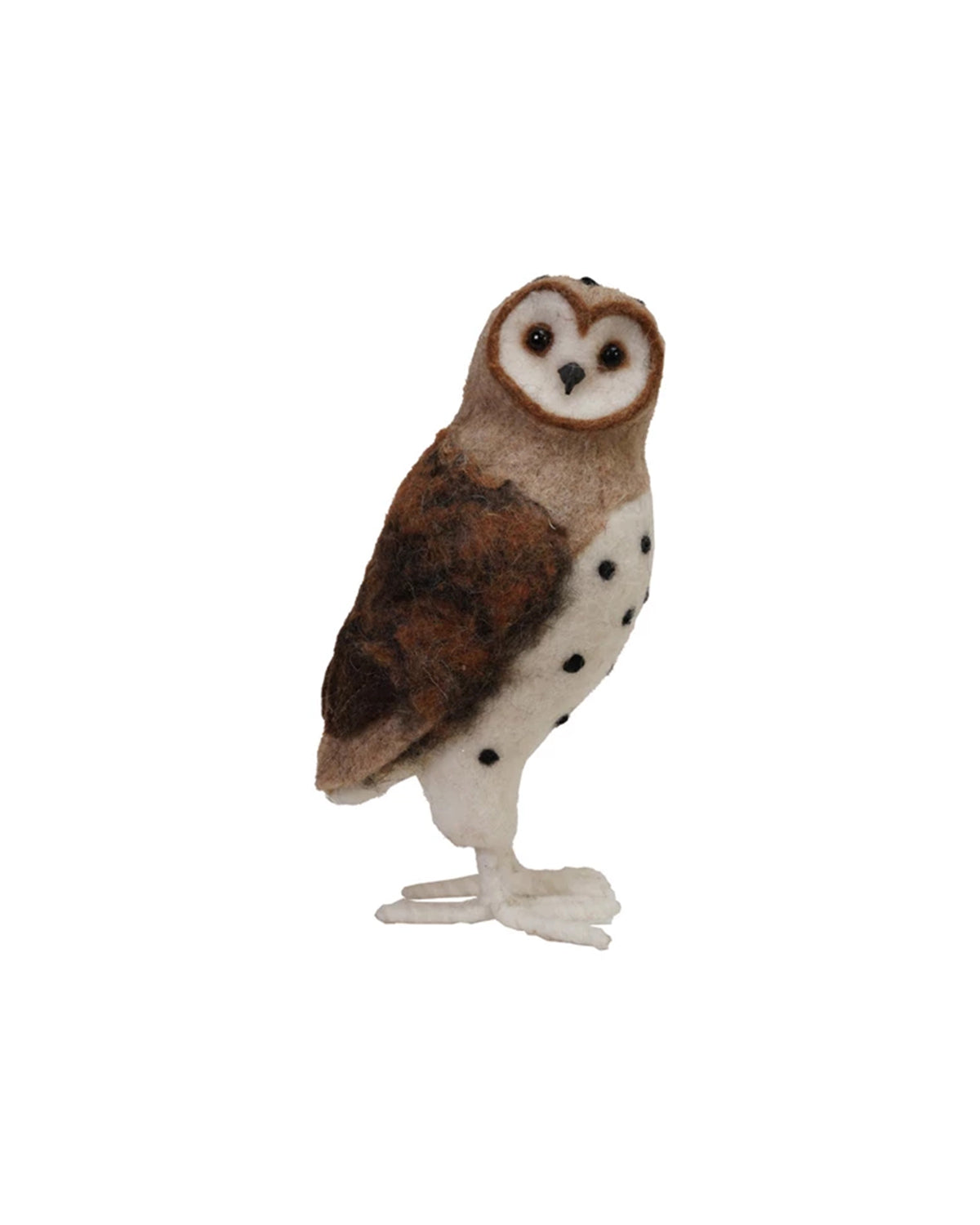 The Creative Co-op Wool Barn Owl is a handmade felt figurine in brown and white with black chest spots and large dark eyes, standing on two white legs—a charming decor accent for any space.