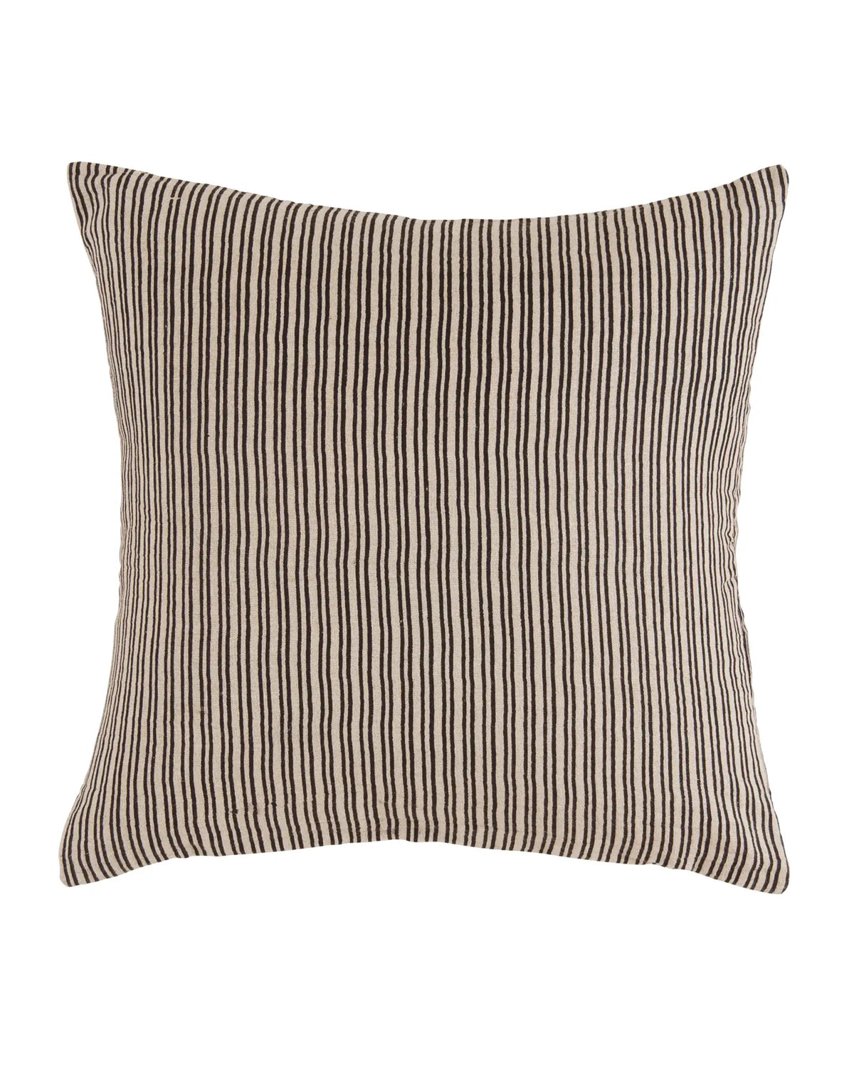 The Wren Pillow 24x24 by Faire features a beige linen background with thin, evenly spaced vertical black stripes—a simple, modern design that makes this square throw pillow perfect for adding style to any space.
