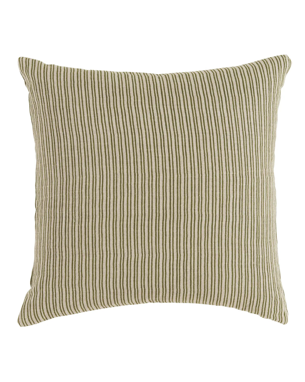 Green pillow with thin vertical beige and white stripes by Faire Wren, 24x24 inches, on plain white background.