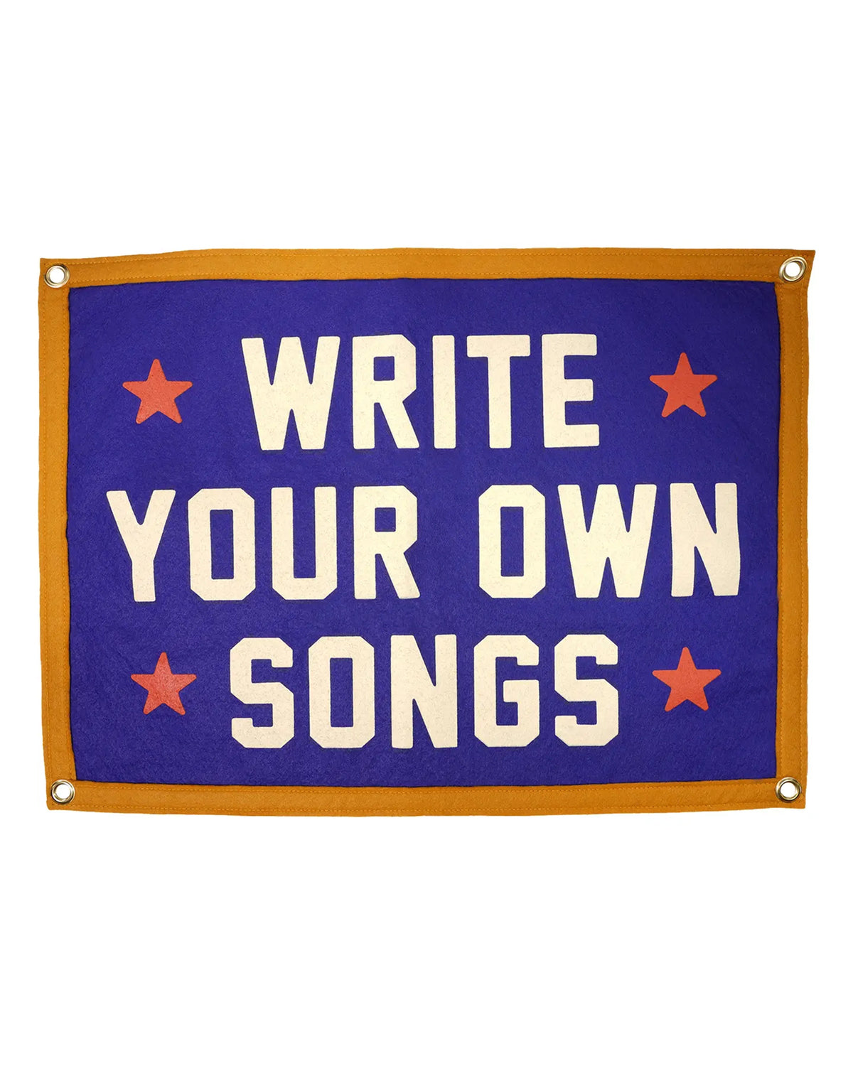 Blue Faire flag with orange trim and red stars, Write Your Own Songs motif, whimsical decor by Bungalow Furniture.