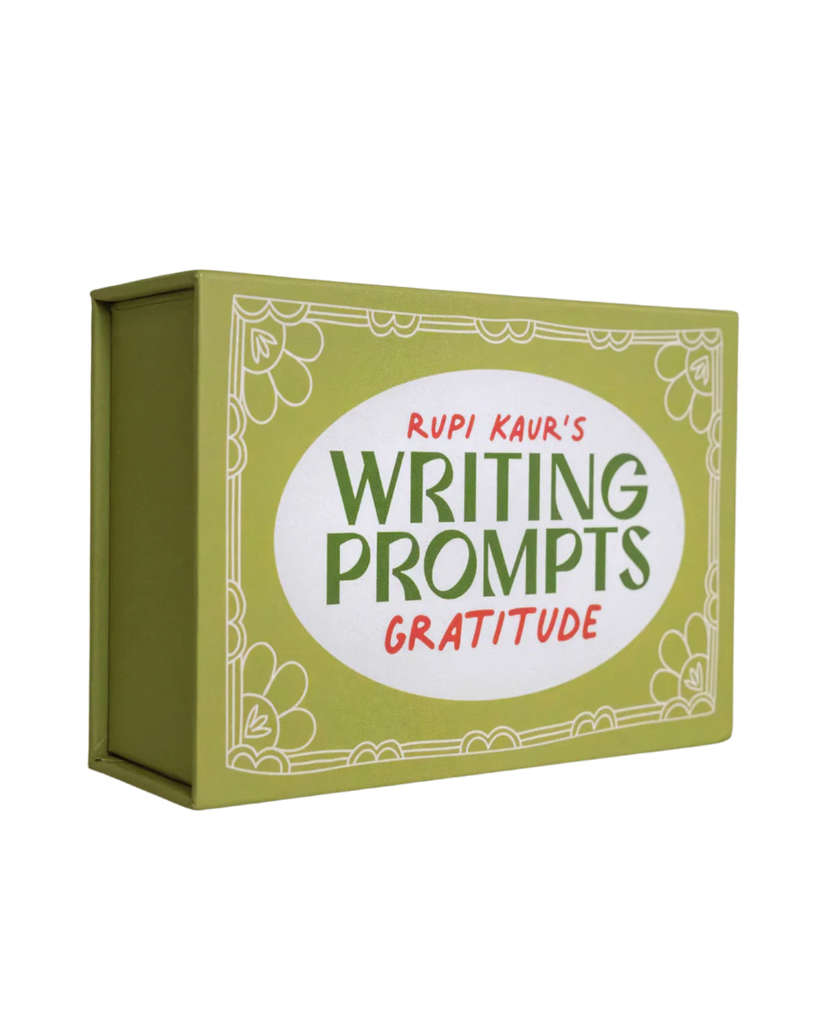 A green box labeled "Rupi Kaur's Writing Prompts Gratitude" from Simon & Schuster Inc. features a decorative white oval and floral border—an inspiring gratitude card deck for reflection.