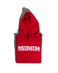 A folded red Ping Pong Surf Club Wet Suit & Cowboy Boots Hoodie with the hood up displays bold white "WETSUITS & COWBOYBOOTS" text across the chest, set against a plain white background.