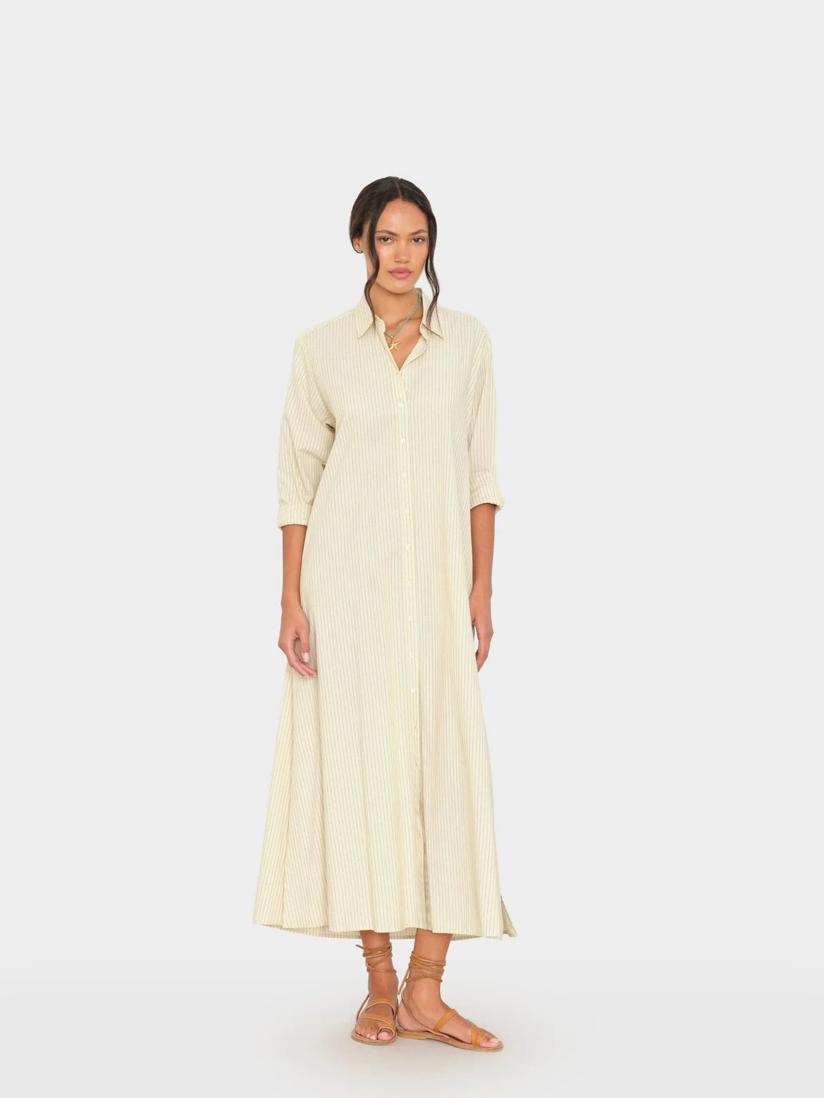 Citrine Xirena Boden Dress with subtle stripes, shown with tan sandals against a white background.