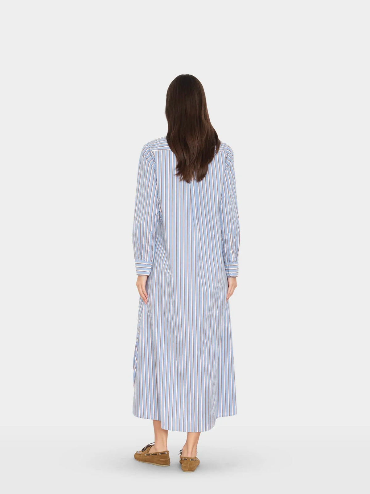 Blue-and-white striped long-sleeve dress with front buttons by Xirena, styled for Bungalow Furniture & Accessories.