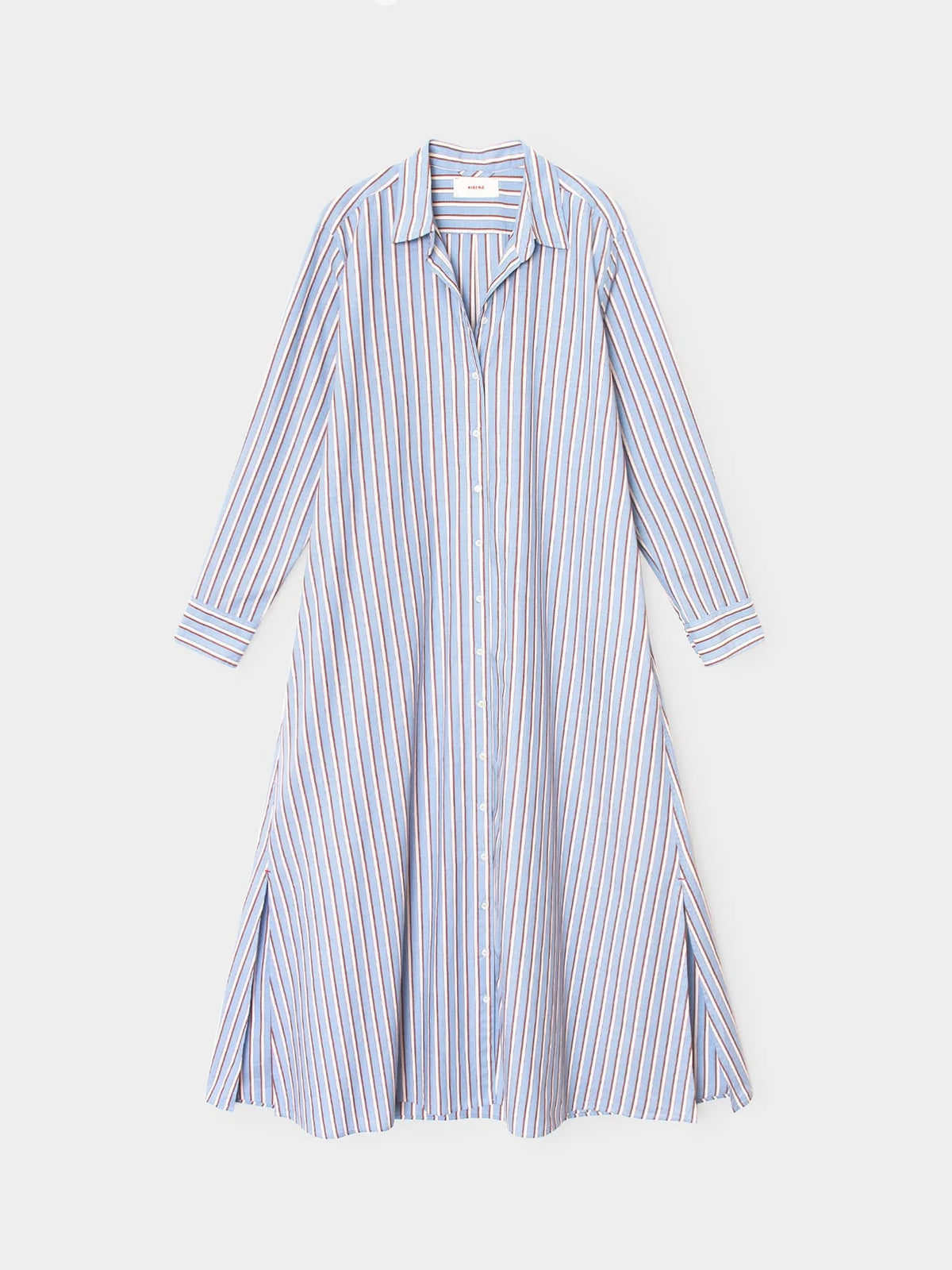 Blue dress with vertical stripes, long sleeves, buttons, and flared hem by Xirena, Boden style in Blue Cedar.