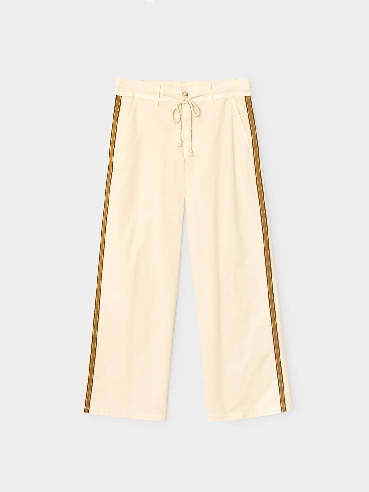 Beige wide-leg cotton twill pants with brown side stripes, front pockets, and drawstring waist by Xirena.