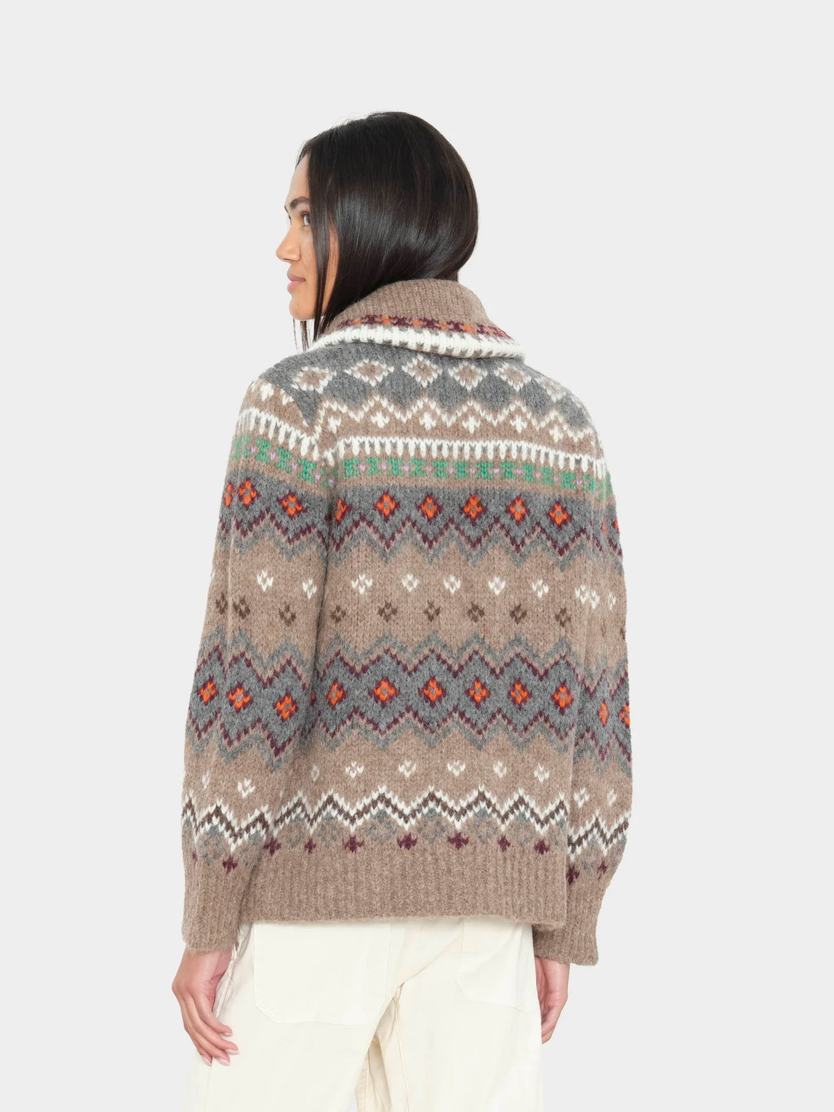 Xirena Vail Sweater with shawl collar in cream, shown from the back, paired with matching pants, neutral background.