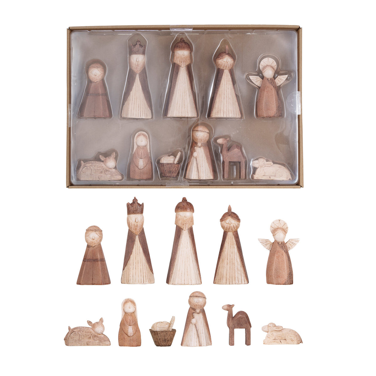 Wood finish nativity set including the holy family, wise men, an angel, and animals by Creative Co-op.