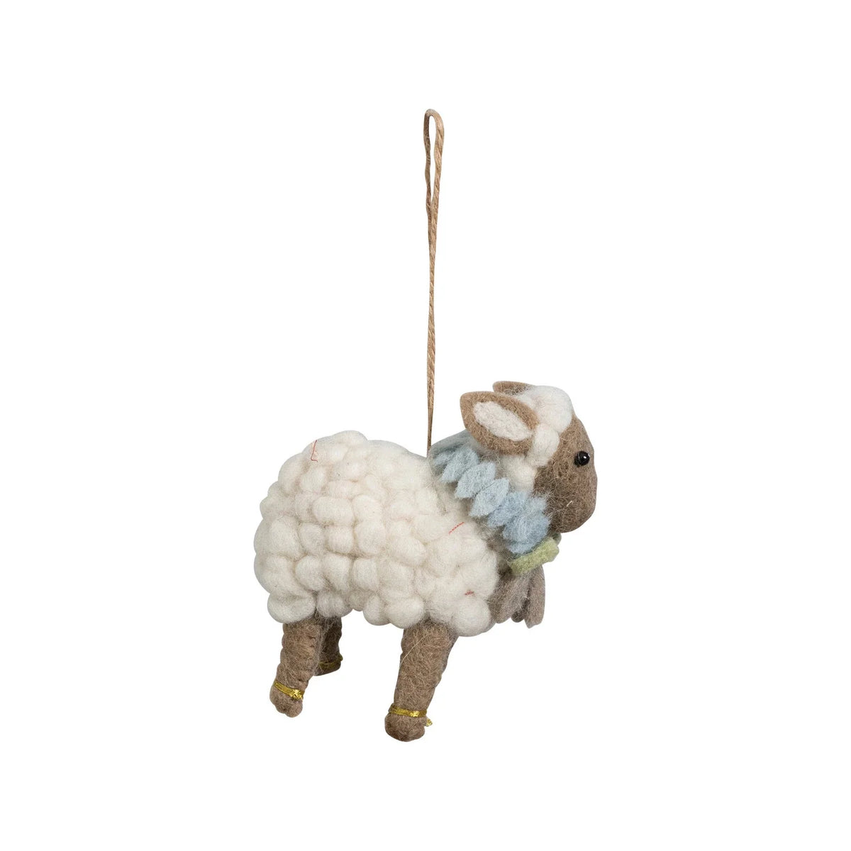 Handmade wool felt sheep ornament with a ruffled blue and green scarf on a twine loop by Creative Co-op.