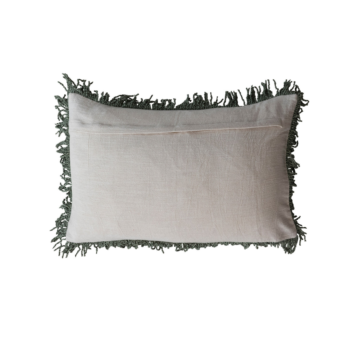 Vintage skiing lumbar pillow in light beige cotton slub with dark green fringed edges from Bungalow Furniture.
