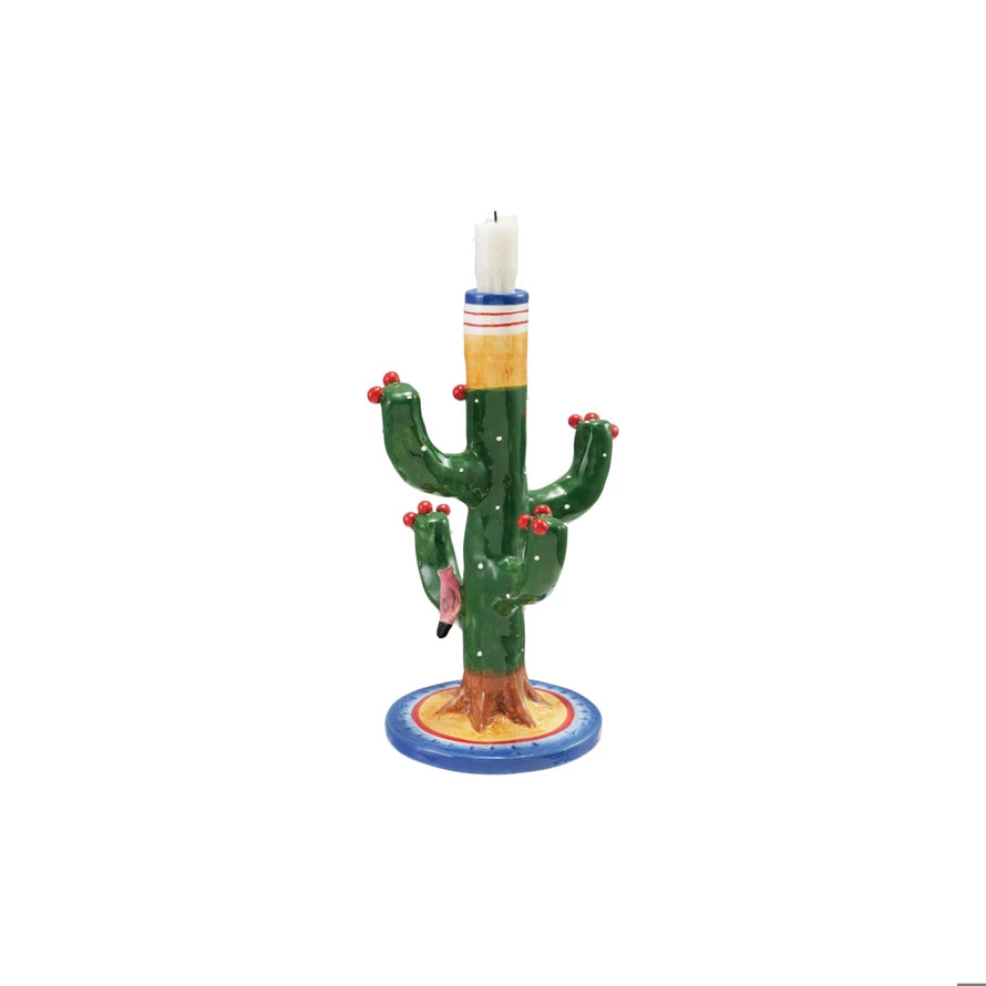 Hand-painted ceramic cactus taper holder with red floral accents on a blue base by Creative Co-op.