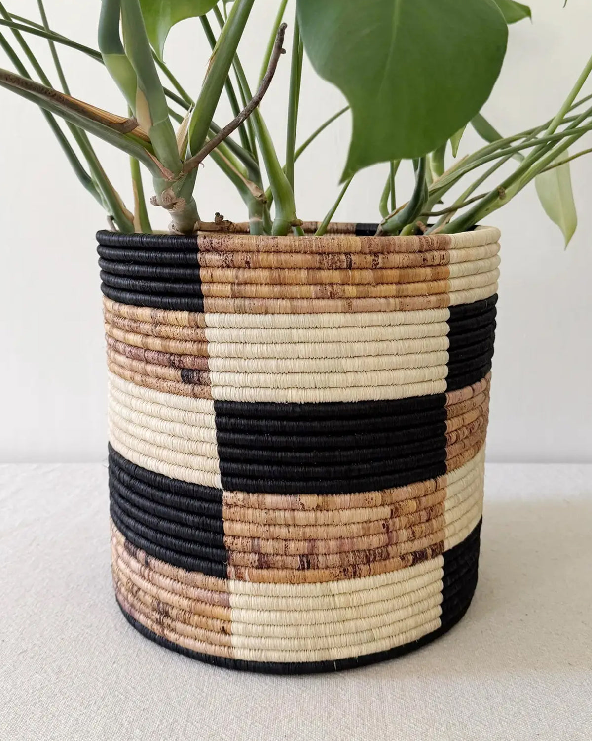 The Faire Storage Plant Basket: Zindiro features a handmade geometric checkered design in black, beige, and brown, holding a vibrant green leafy plant against a simple light background.
