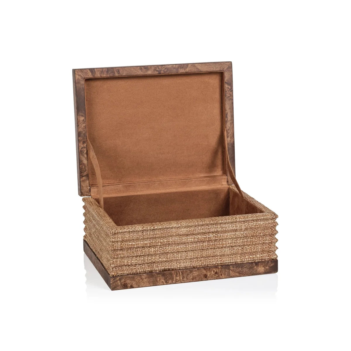 Bungalow Furniture &amp; Accessories Open Burlwood &amp; Raffia Box S with a textured raffia center and suede-lined interior.