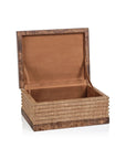 Bungalow Furniture & Accessories Open Burlwood & Raffia Box S with a textured raffia center and suede-lined interior.