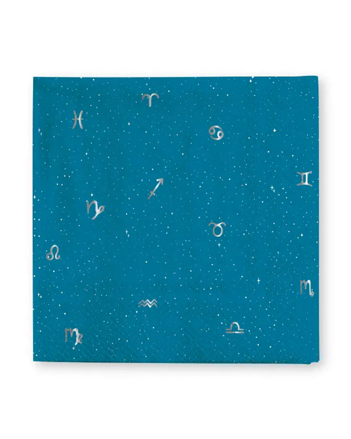 The Faire Zodiac Cocktail Napkins feature a blue background adorned with small white dots and an array of white zodiac signs scattered across the surface.