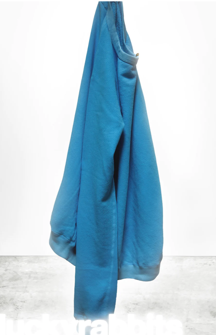 A Lucky Rabbits Sweatshirt by Free City (Sparrow, LLC) suspended and hanging freely against a stark white background in a Scottsdale, Arizona bungalow with a subtle gray floor. The hoodie's texture appears soft and cozy.