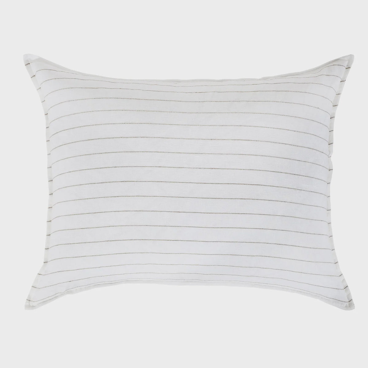 This rectangular white pillow, known as the Blake Big Pillow 28x36 from POM POM, is part of the Lake Linen Collection and features thin, evenly spaced horizontal gray stripes on a plain background.