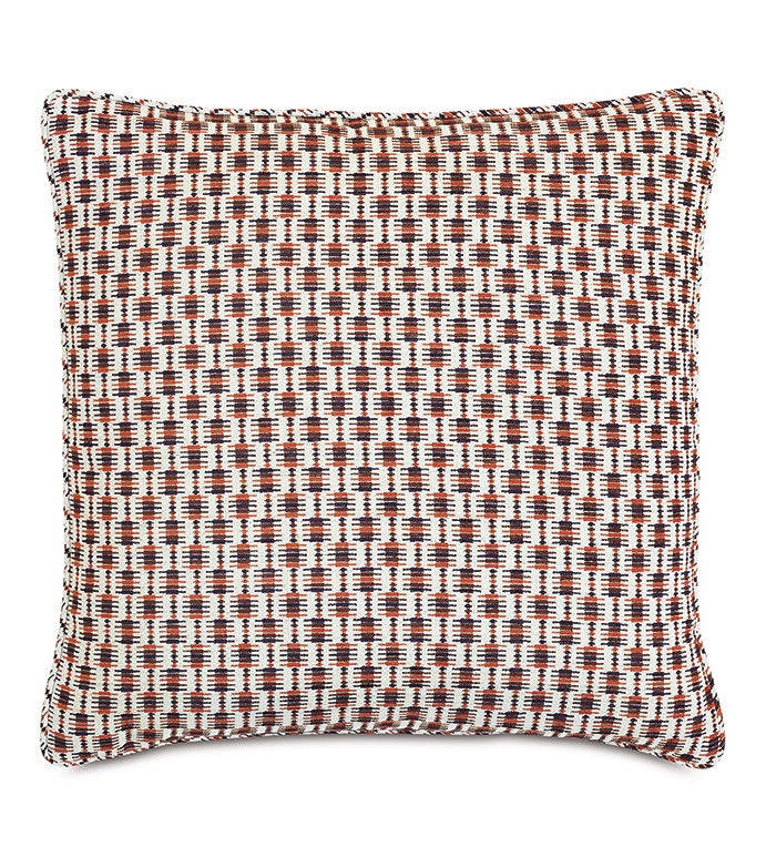 A Moab Graphic 27x27" decorative pillow featuring a houndstooth pattern in shades of red, white, and black, with a textured surface, ideal for a bungalow in Scottsdale, Arizona. (Brand Name: Eastern Accents)